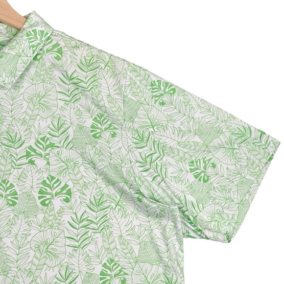 FN3P Polo Mens Large Geometric Print Bright Green Leaves Golf Polo Shirt Stretch - Picture 3 of 9